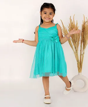 KIDSDEW Sleeveless Bow Applique Fit And Flare Party Wear Dress - Green