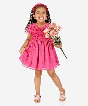 KIDSDEW Puffed Cap Sleeves Seamless Heart Foil Printed & Ruffled Bodice Fit & Flare Dress With Bloomer & Coordinating Headband - Pink