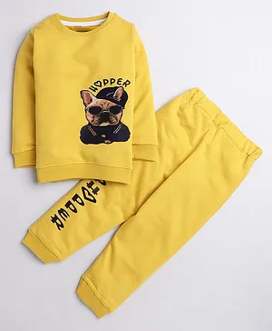 Polka Tots Full Sleeves Hopper Dog Printed T Shirt With Lounge Pant Set - Yellow