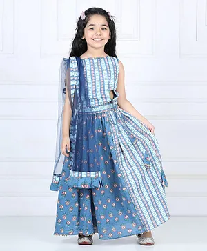 Kinder Sleeveless Abstract Floral Motif Printed  With Front Tie Up Detail Lehenga Choli Set - Blue