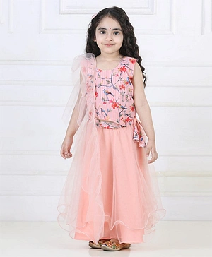 Kinder Sleeveless Floral Printed & Striped Design Sequins Embellished Layered Net Lehenga Choli Set - Peach