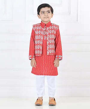 Kinder Kids Full Sleeves Ethnic Motif Printed Kurta Pajama Set - Red