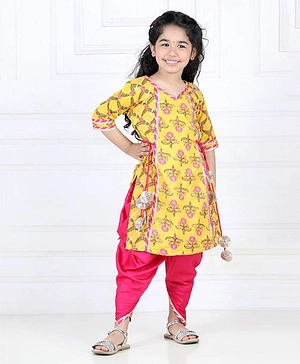 Kinder Kids Three Fourth Sleeves Gota Patti Floral Lace Embellished Kurti With Dhoti - Yellow