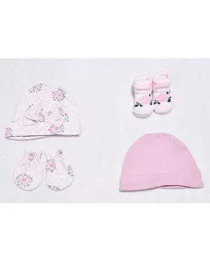 Kidofash Solid & Seamless Floral Printed Caps With Coordinating Mittens & Socks - Pink