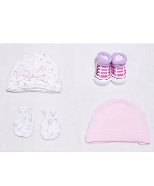 Kidofash Solid & Seamless Floral Printed Caps With Coordinating & Shoe Designed Socks - Pink & Purple