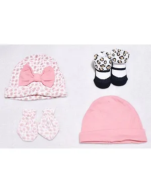 Kidofash Solid & Seamless Cheetah Printed Bow Embellished Caps With Coordinating & Shoe Designed Socks - Peach