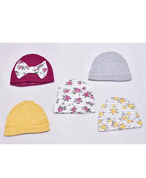 Kidofash Pack Of 5 Polka Dots With Floral Printed & Striped Bow Detail Caps - Maroon