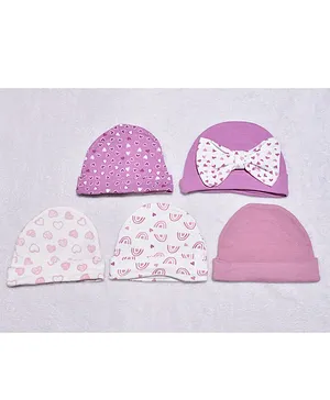 Kidofash Pack Of 5 Heart Doodle  & Rainbow Printed Bow Detail Caps - Pink