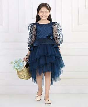 Toy Balloon Three Fourth Puffed Sleeves Rose  Motif Printed Peplum Style Brocade Bodice  High Low Layered Party Dress - Navy Blue