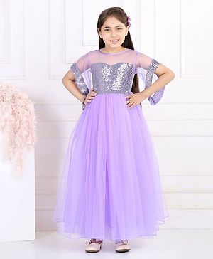 Toy Balloon Kids Half Flutter Sleeves Sequins Embellished Bodice & Flared Party Gown -  Lavender