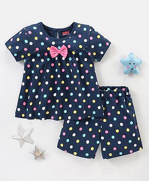 Babyhug Cotton Knit Half Sleeves Night Suit with Bow Applique Polka Dots Print - Blue