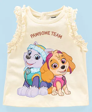 Babyhug Cotton Sleeveless Tee With Paw Patrol Skye And Everest Graphics & Frill Detailing- Off White