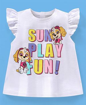 Babyhug 100% Cotton Half Sleeves Top Paw Patrol Print Skye Graphics & Schiffli Frill Detailing - White
