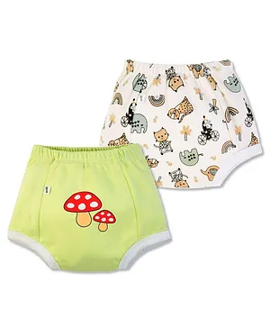 Plan B 100% Cotton Pack Of 2 Animal & Mushroom Printed Padded Potty Training Underwear - Green & White