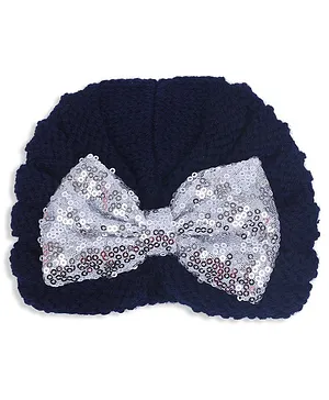 Baby Moo Party Wear Sequin Embellished Bow Knitted Turban Woolen Cap - Navy Blue