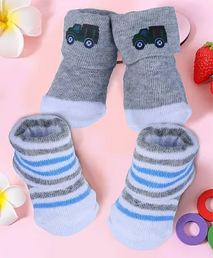 Baby Moo Truck And Stripes Newborn Breathable Infant Socks Pair Of 2 - Grey & Blue