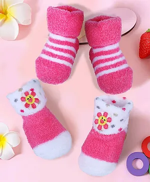 Baby Moo Floral Applique & Stripes Newborn Breathable Infant Socks Pair Of 2 - Pink