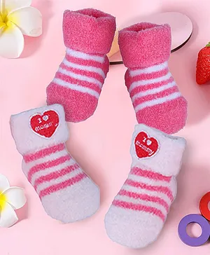 Baby Moo I Love Mummy & Striped Design Breathable Cotton Socks Pack Of 2  - Pink