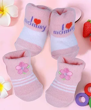 Baby Moo I Love Mummy With Flower & Striped Design Breathable Cotton Socks Pack Of 2 - Pink