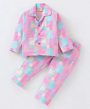 Rikidoos Full Sleeves Seamless Gingham Block Checked Coordinating Night Suit - Pink