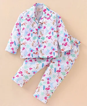 Rikidoos Full Sleeves Graph Checkered Seamless Flamingos & Tropical Leaves Printed Coordinating Night Suit - Multi Colour