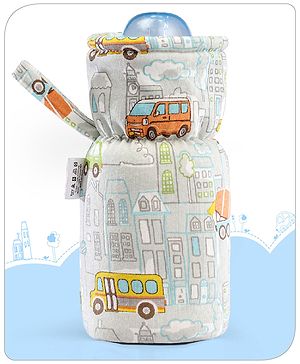 Babyhug 100% Cotton Premium Feeding Bottle Cover with Sherpa Lining Vehicle Print - Fits upto 330 ml