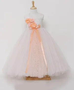TINY MINY MEE  One Shoulder Sleeve Woven Designed & Pearl Detailed Flower Applique Embellished Bodice  Fit & Flare Gown - White