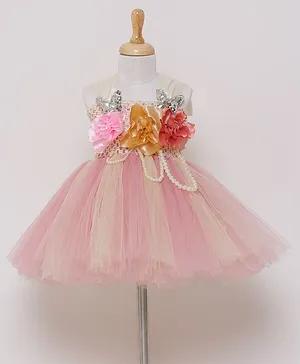 TINY MINY MEE Sleeveless Woven Designed & Rose Applique With Sequin Butterfly Embellished Fit &  Flare Gown - Blush Pink