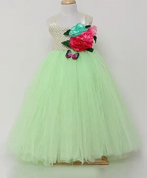TINY MINY MEE Sleeveless Woven Designed & Rose Applique With Butterfly Detailed Bow Embellished Fit & Flare Gown - Green