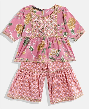 Readiprint Fashions Three Fourth Sleeves Floral Print Lace Embellished Kurti With Sharara - Pink
