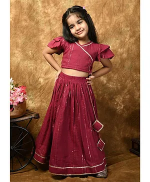 ADRA KIDS Half Frill Sleeves Lurex Gota Lace Detailing Lehanga & Choli Set   - Dark Pink