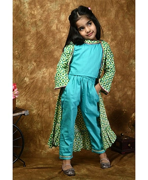 ADRA KIDS Bell Full Sleeves Seamless Moroccan Design Printed & Gorta Lace Embellished Frill Jacket With Coordinating Top & Pant - Light Green & Blue