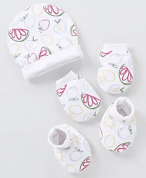 Bonfino Cotton Cap Mittens & Booties Set Fruit Print White  - Diameter 12 cm