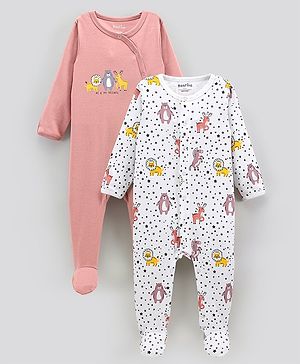 Bonfino 100% Cotton Full Sleeves Animal Print Sleep Suits Pack of 2 - Peach & White