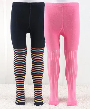 Cutewalk by Babyhug Anti Bacterial Footed Tights Striped Pack Of 2 - Navy Blue & Pink