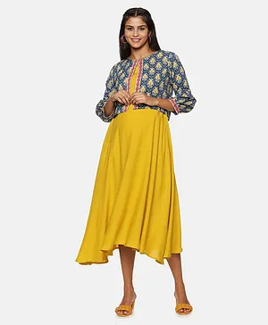 CHARISMOMIC Three Fourth Sleeves Seamless Ikat Style Motif Printed Jacket & Solid Fit & Flare Maternity Dress With Concealed Zip Nursing Access - Mustard Yellow