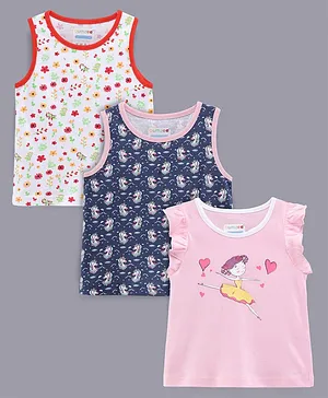 BUMZEE Pack Of 2 Vests & 1 Tee Unicorn Floral Cute Girl Printed Set - Multi Colour