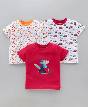 BUMZEE Pack Of 3 Half Sleeves Seamless Autumn Leaves & Vehicles With Riding Bicycle Printed Tees - Red & White