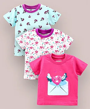 BUMZEE Pack Of 3 Half Sleeves Seamless Hearts & Cupcakes With Love Letter Printed Tees - Sea Green & Pink