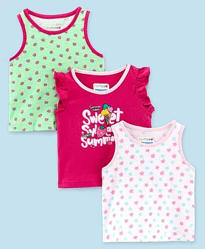 BUMZEE Pack Of 3 Sleeveless All Over Heart & Strawberry Printed Tees - Pink & Green