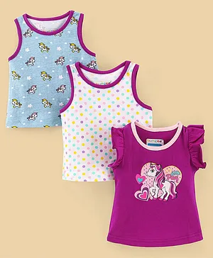 BUMZEE Pack Of 3 Sleeveless Baby Unicorns & Polka Dot With Star Printed Tees - Purple & Blue