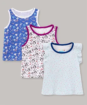 BUMZEE Pack Of 3 Sleeveless All Over Flowers With Baby Unicorn & Polka Dot Printed Tees - Blue & White
