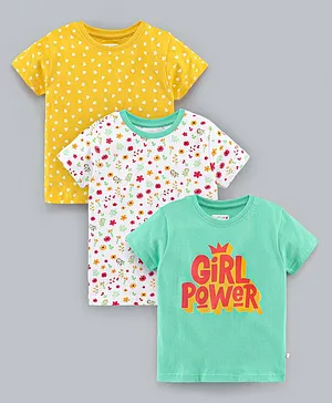 BUMZEE Pack Of 3 Half Sleeves Seamless Heart & Flower Printed Tees - Green & Yellow