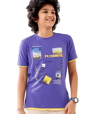 Arias Cotton Stretch Knit Half  Sleeves T-Shirt With HD Print & Contrast Hem Details - Dark Purple