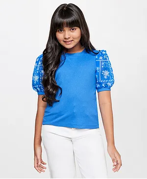 AND Girl Puffed Half Sleeves Floral Printed Ribbed Top - Blue