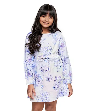 AND Girl Full Sleeves Floral Printed Dress - White Blue