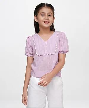 AND Girl Half Puffed Sleeves Solid Lace Detailed Top - Purple