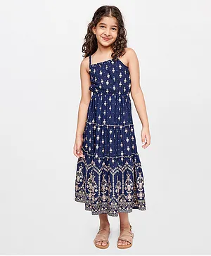 Global Desi Girl Sleeveless Ethnic Motif Floral Printed Dress - Blue