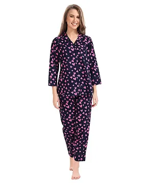 Piu Full Sleeves All Over Hearts Printed Maternity Night Suit - Blue