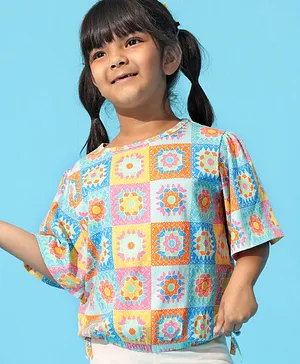 Arias Cotton Stretch Knit Bell Sleeves Printed T-Shirt With Tie Detail